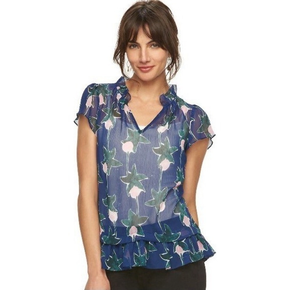 ELLE Blouse Womens L Short Sleeve Blue Chiffon Ruffle Floral Sheer Blue V-Neck